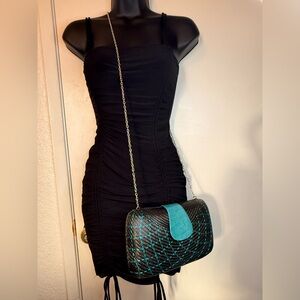 Palm Springs Type Woven Clutch Black Turquoise Faux Snakeskin Clasp Chain Strap